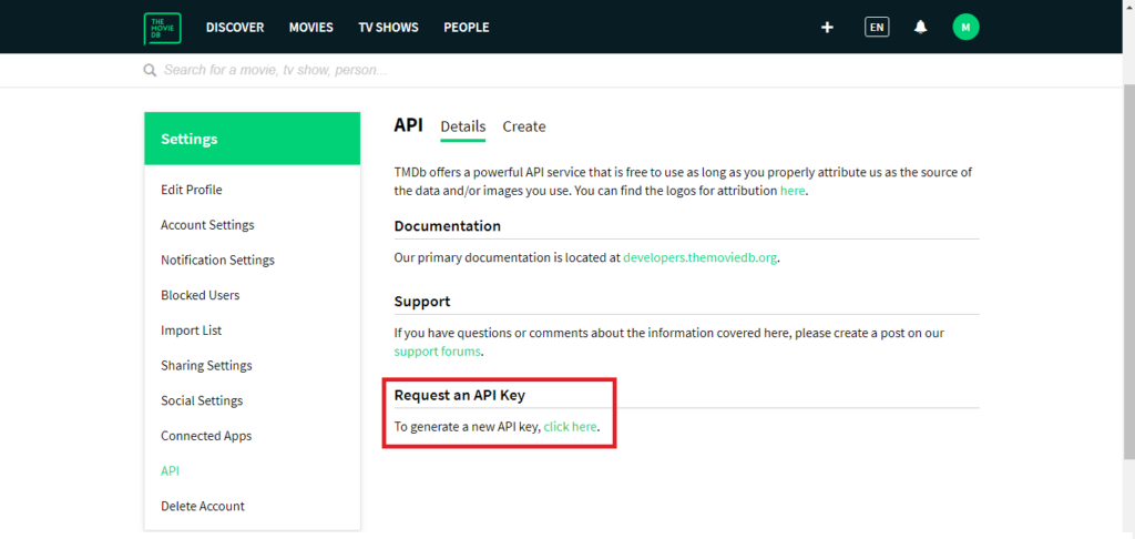 generate API Key TMDB