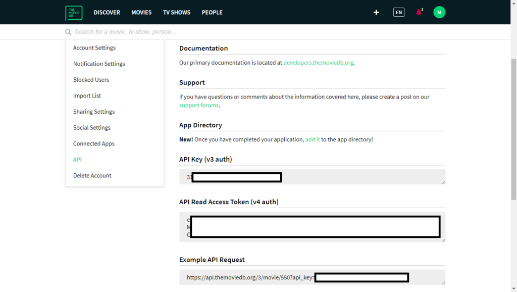 hasil generate api key TMDB